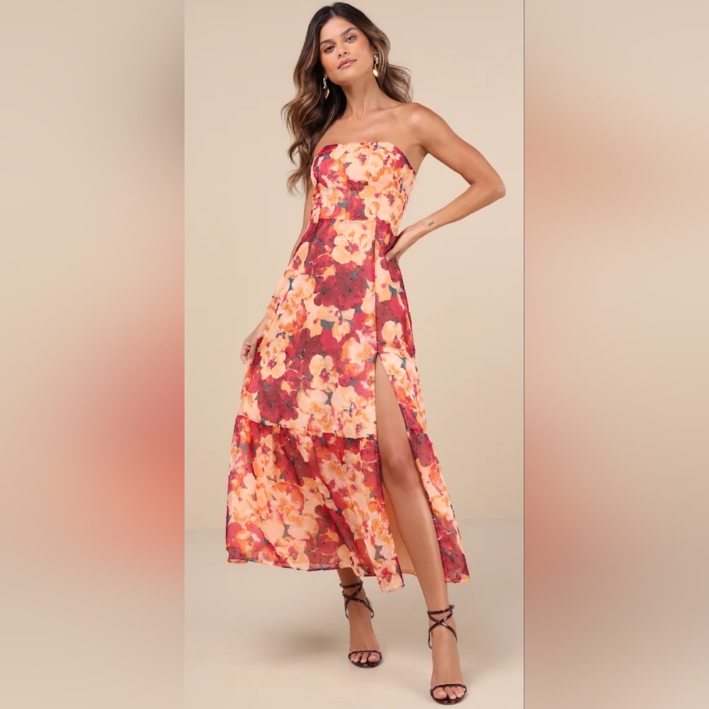 Lulus Bright Perspective Plum and Orange Floral Strapless Midi Dress NWT